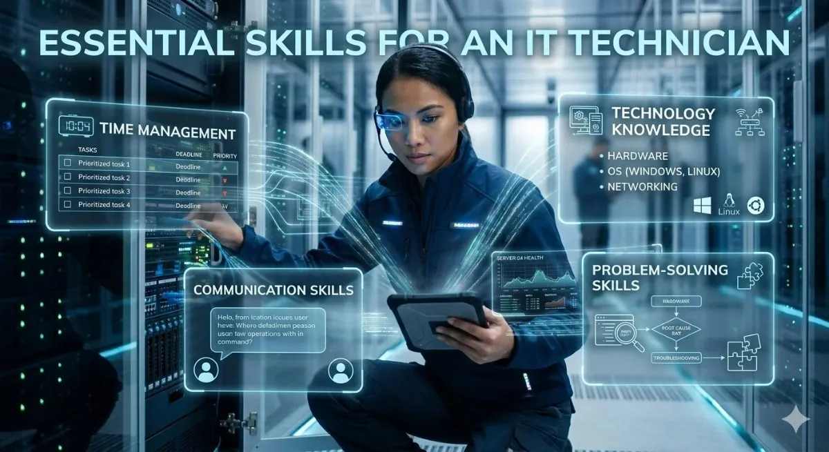 
A female information technology technician in a server room surrounded by holographic skill panels highlighting the essential skills of an IT technician: time management, technology knowledge, communication skills, and problem-solving.