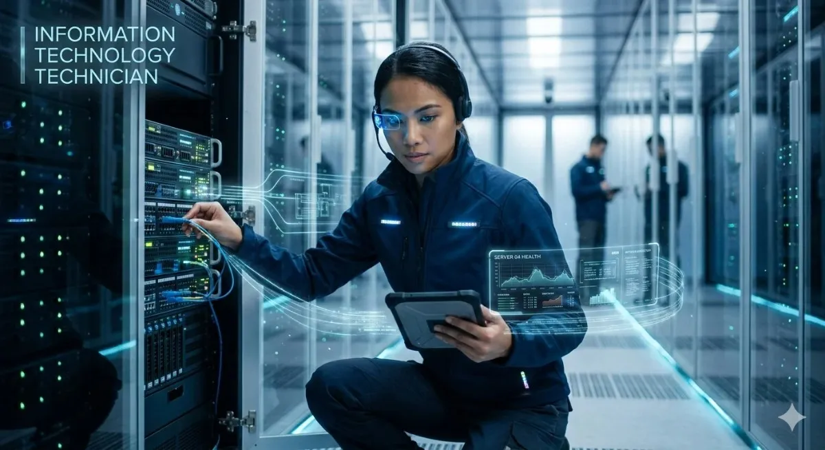 A female information technology technician wearing a headset and smart glasses crouches in a server room, using a tablet to monitor holographic server health diagnostics while managing network hardware.