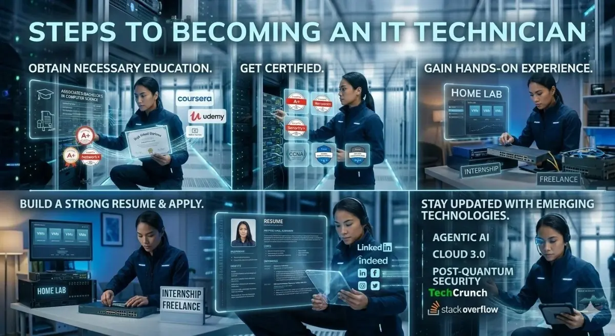 
A five-step visual guide to becoming an information technology technician, showing a female IT professional obtaining education, earning certifications like CompTIA A+ and CCNA, gaining hands-on experience through a home lab and internships, building a resume, and staying updated with emerging technologies like Agentic AI and cloud computing.