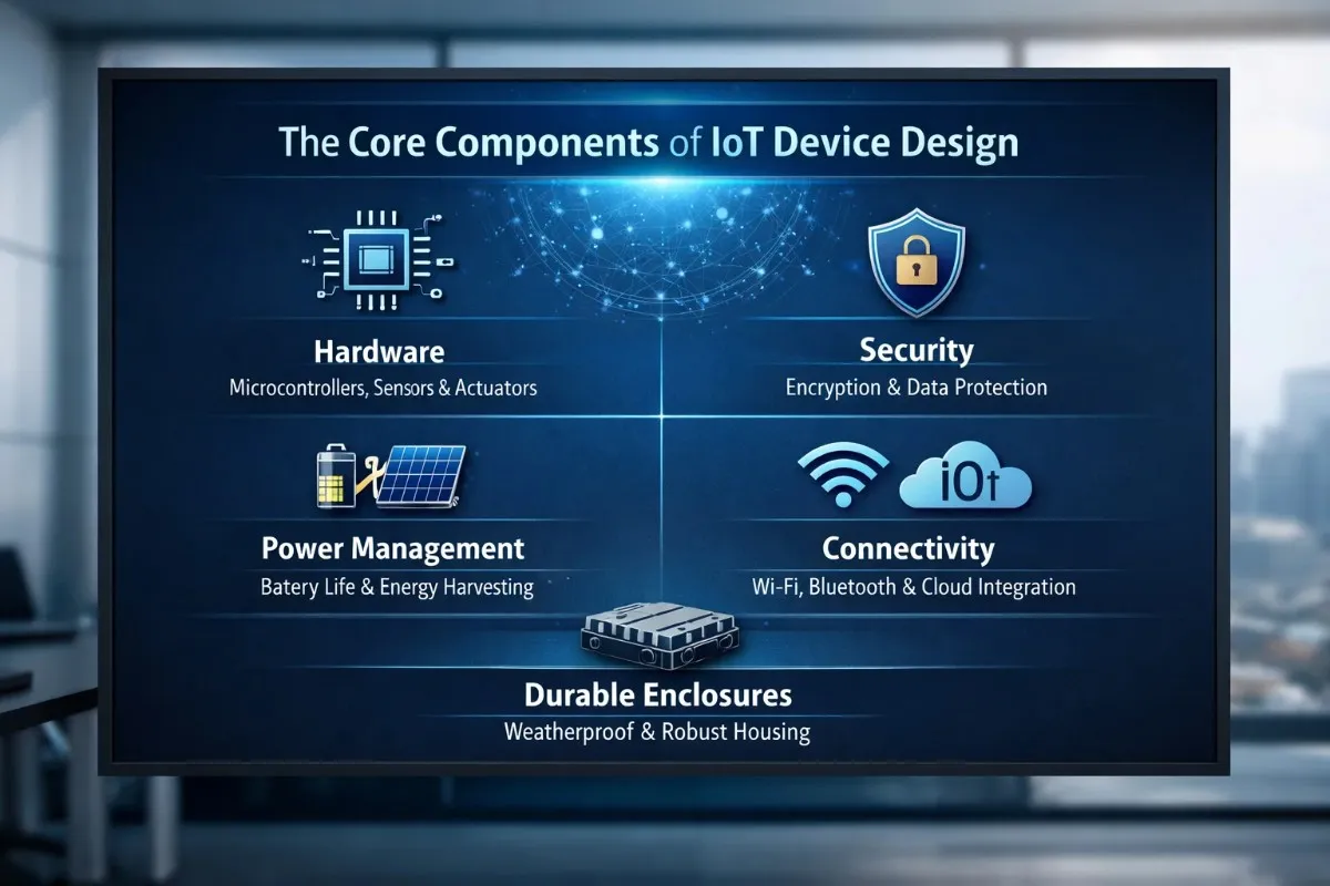 Infographic displaying the core components of the physical design of IoT devices, including hardware with microcontrollers, sensors and actuators, security with encryption and data protection, power management with battery life and energy harvesting, connectivity with Wi-Fi, Bluetooth and cloud integration, and durable weatherproof enclosures.