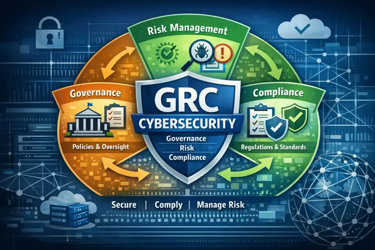 GRC cybersecurity framework diagram showing interconnected governance, risk management, and compliance components with shield emblem