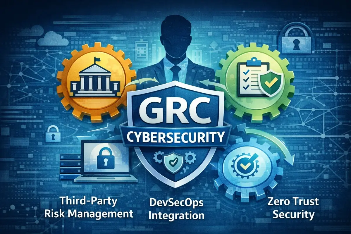 GRC cybersecurity shield with business professional managing third-party risk, DevSecOps integration, and zero trust security