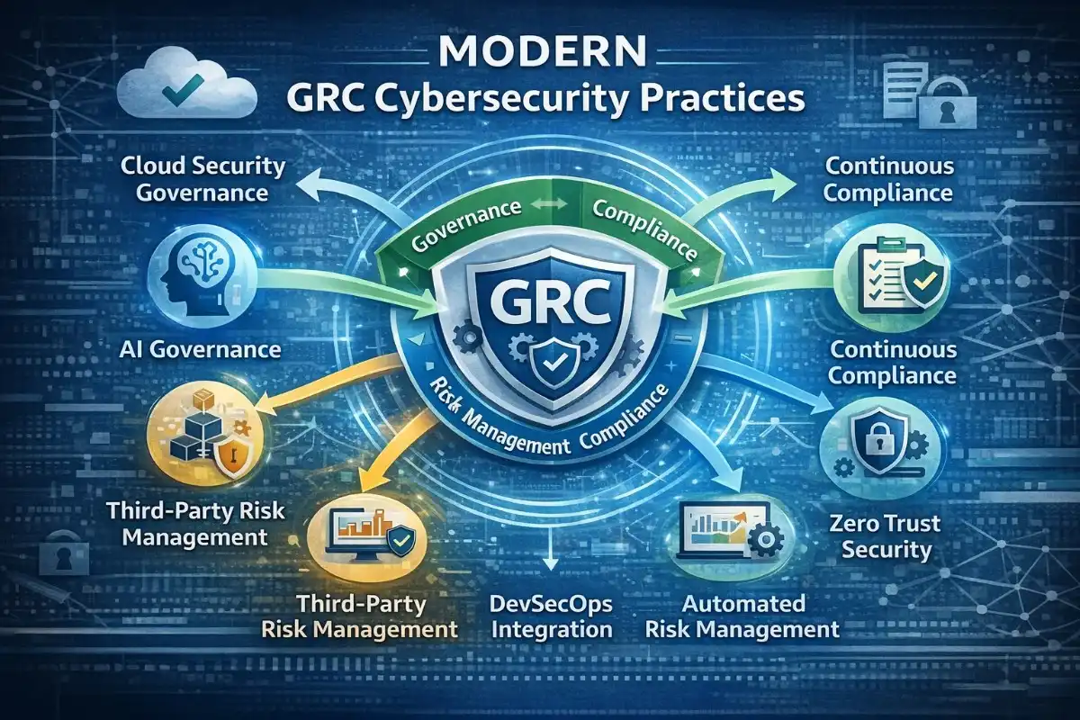 Modern GRC cybersecurity practices diagram featuring AI governance, cloud security, zero trust, and DevSecOps integration methods