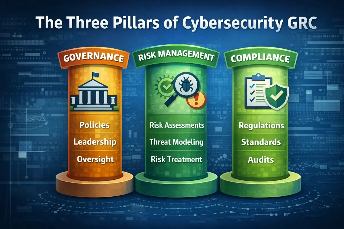 Three pillars of GRC cybersecurity showing governance policies, risk management assessments, and compliance regulations standards