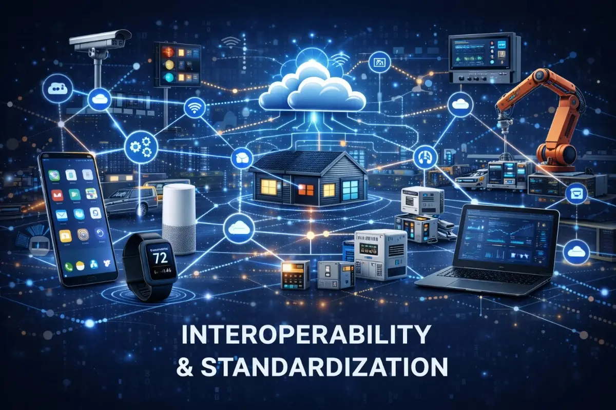 Inter IoT interoperability and standardization concept showing cloud-connected ecosystem with smartphone, smart speaker, wearable, security camera, smart home, industrial robots, and IoT gateways unified through standardized protocols
