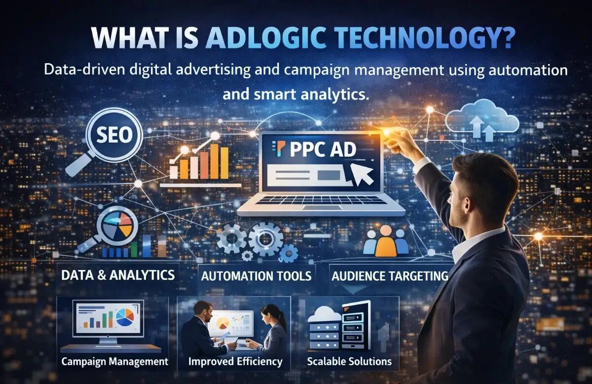 AdLogic Technology explainer banner showing a businessman interacting with a digital network featuring SEO, PPC advertising, data analytics, automation tools, and audience targeting capabilities against a glowing city skyline at night.