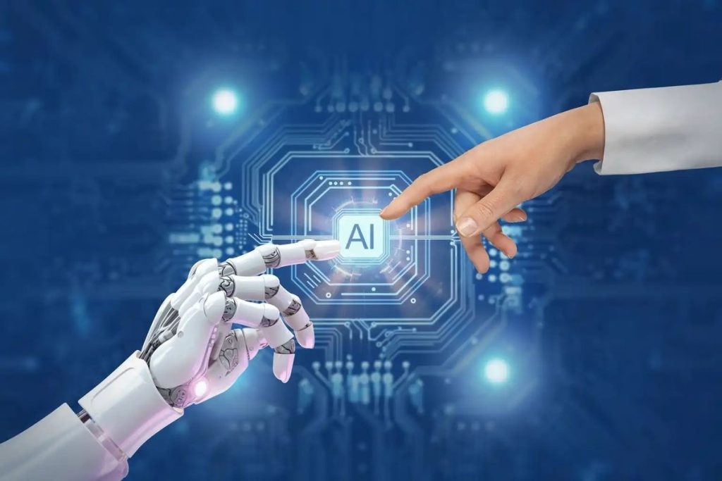 Human hand and robotic hand reaching toward AI icon on digital circuit board background demonstrating how technology drive innovation and progress through artificial intelligence collaboration
