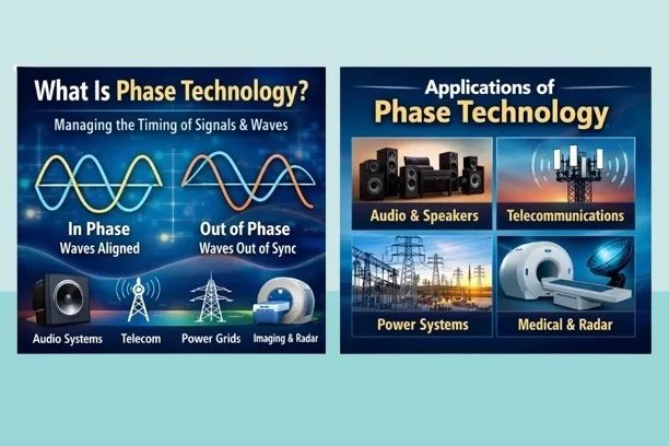 Phase technology infographic showing wave alignment comparison and real-world applications including audio speakers, telecommunications towers, power grids, and medical radar imaging systems