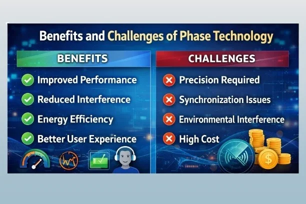 Phase technology benefits and challenges comparison chart showing improved performance, reduced interference, energy efficiency, and better user experience against precision requirements, synchronization issues, environmental interference, and high costs