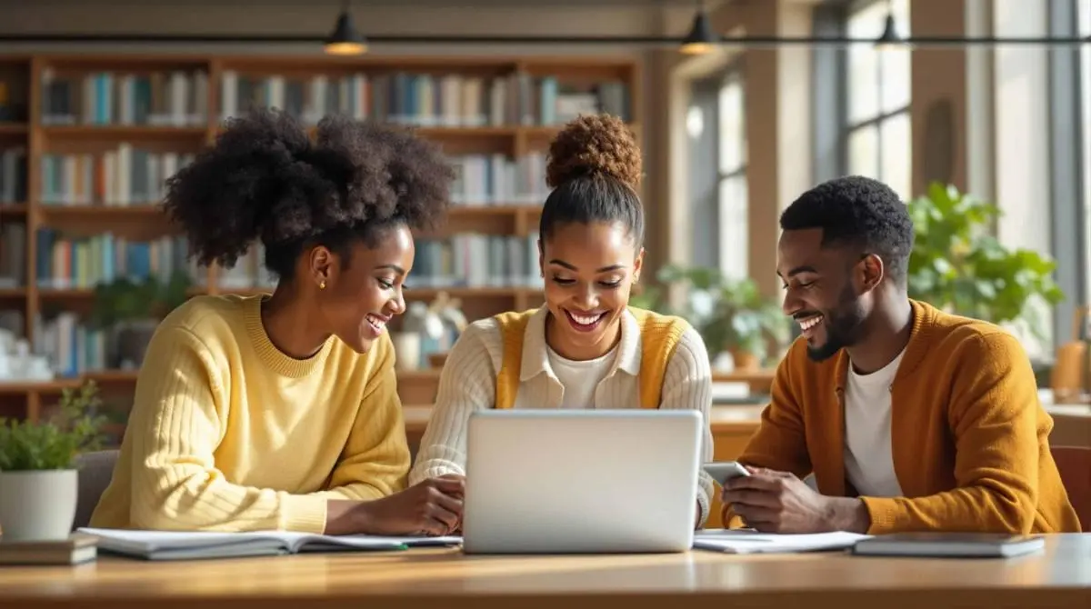 Three happy students using an AI study guide maker on a laptop in a library to organize their course notes and study materials.