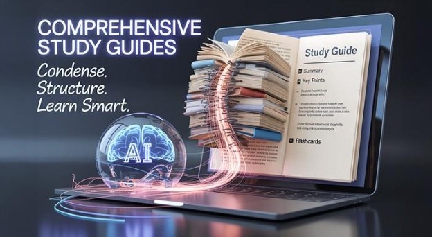A digital illustration of a laptop showing an AI study guide maker interface with a virtual brain icon, transforming a stack of books into organized digital summaries, key points, and flashcards.