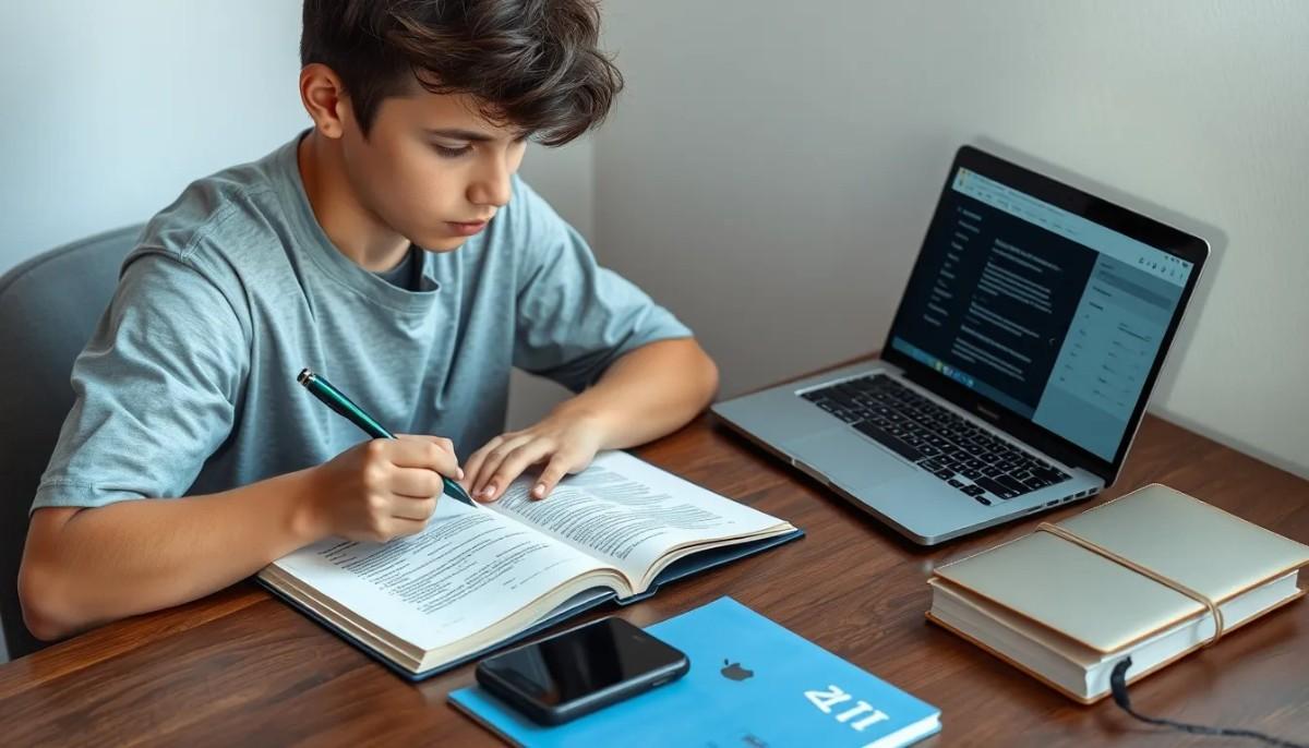 A young male student sitting at a wooden desk, writing in a notebook while using an AI study guide maker on his laptop to summarize his textbook chapters.