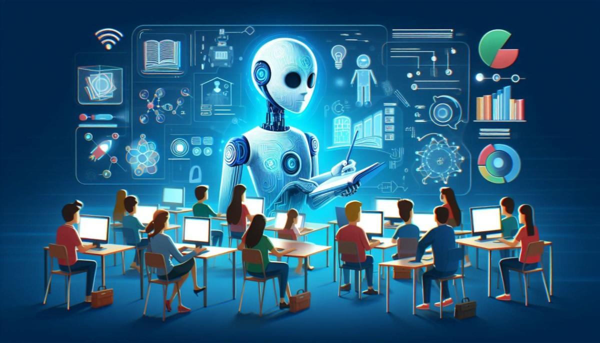 A futuristic digital illustration of a glowing blue AI robot teaching a classroom of students, showcasing an AI study guide maker visualizing complex data and educational diagrams on a large screen.