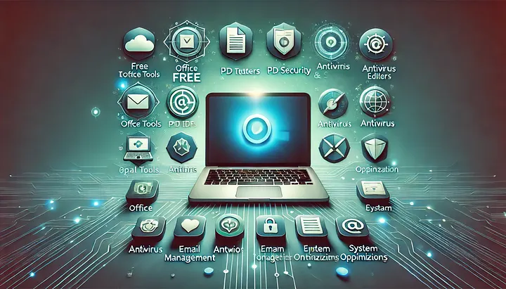 Free software for students displayed as icons around laptop including office tools, antivirus, PDF editors, security software, and productivity applications