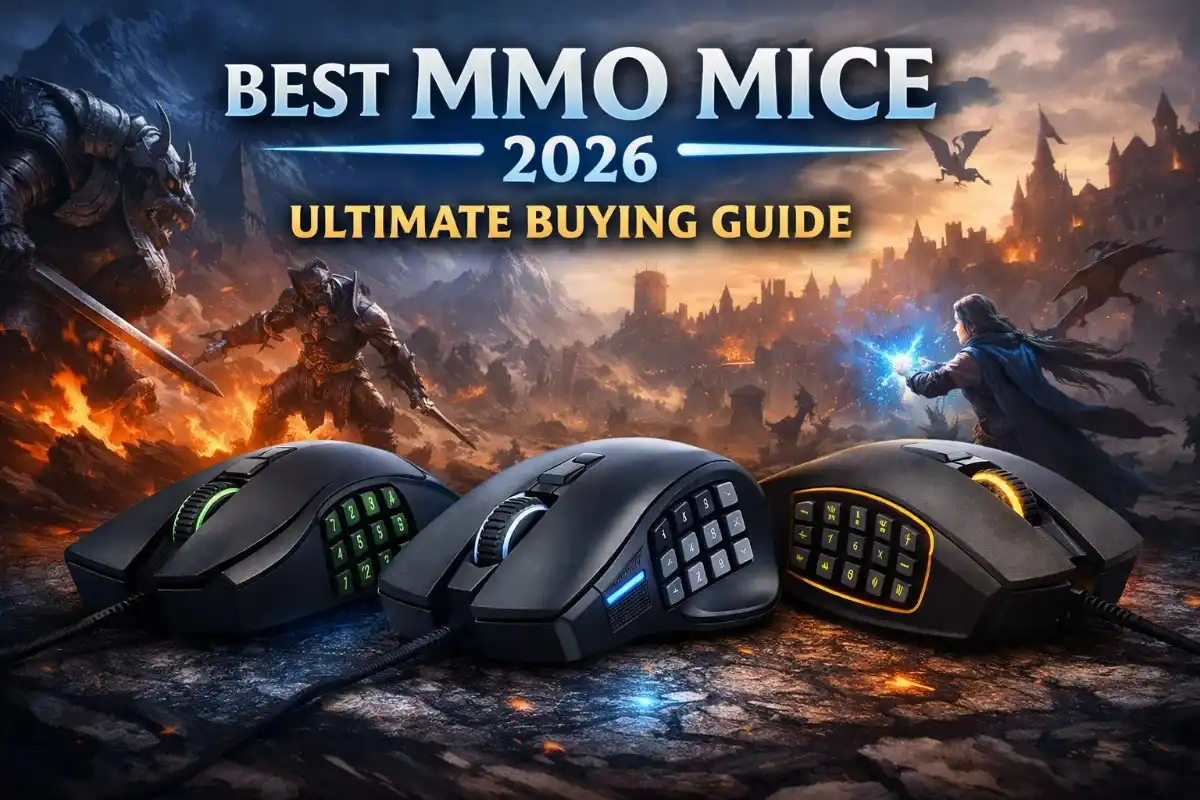 Three MMO mice with side-mounted macro button pads displayed in front of a fantasy gaming backdrop featuring warriors and dragons, representing the best MMO mice buying guide for 2026.