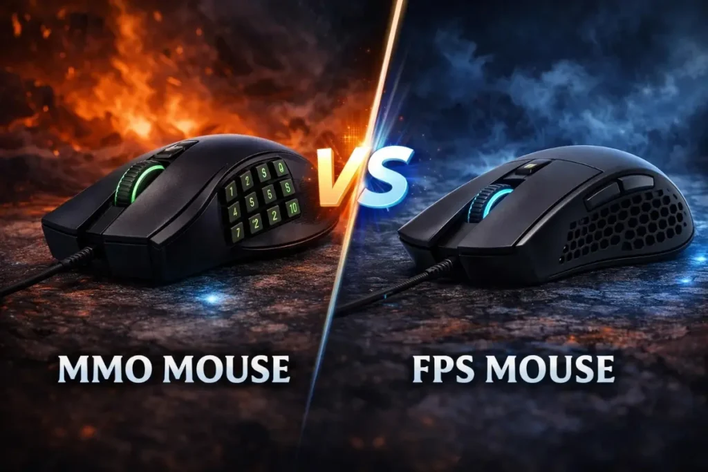 Side-by-side comparison of an MMO mouse with a 12-button green-lit side panel on the left versus a lightweight honeycomb-shell FPS mouse on the right, separated by a "VS" divider against a fiery and smoky gaming backdrop.