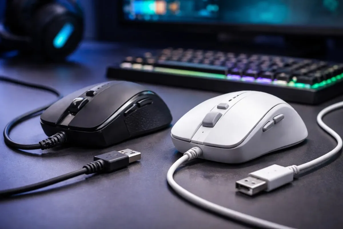 Black and white USB mouse side by side on gaming desk with RGB keyboard, showing wired mouse connections and ergonomic design