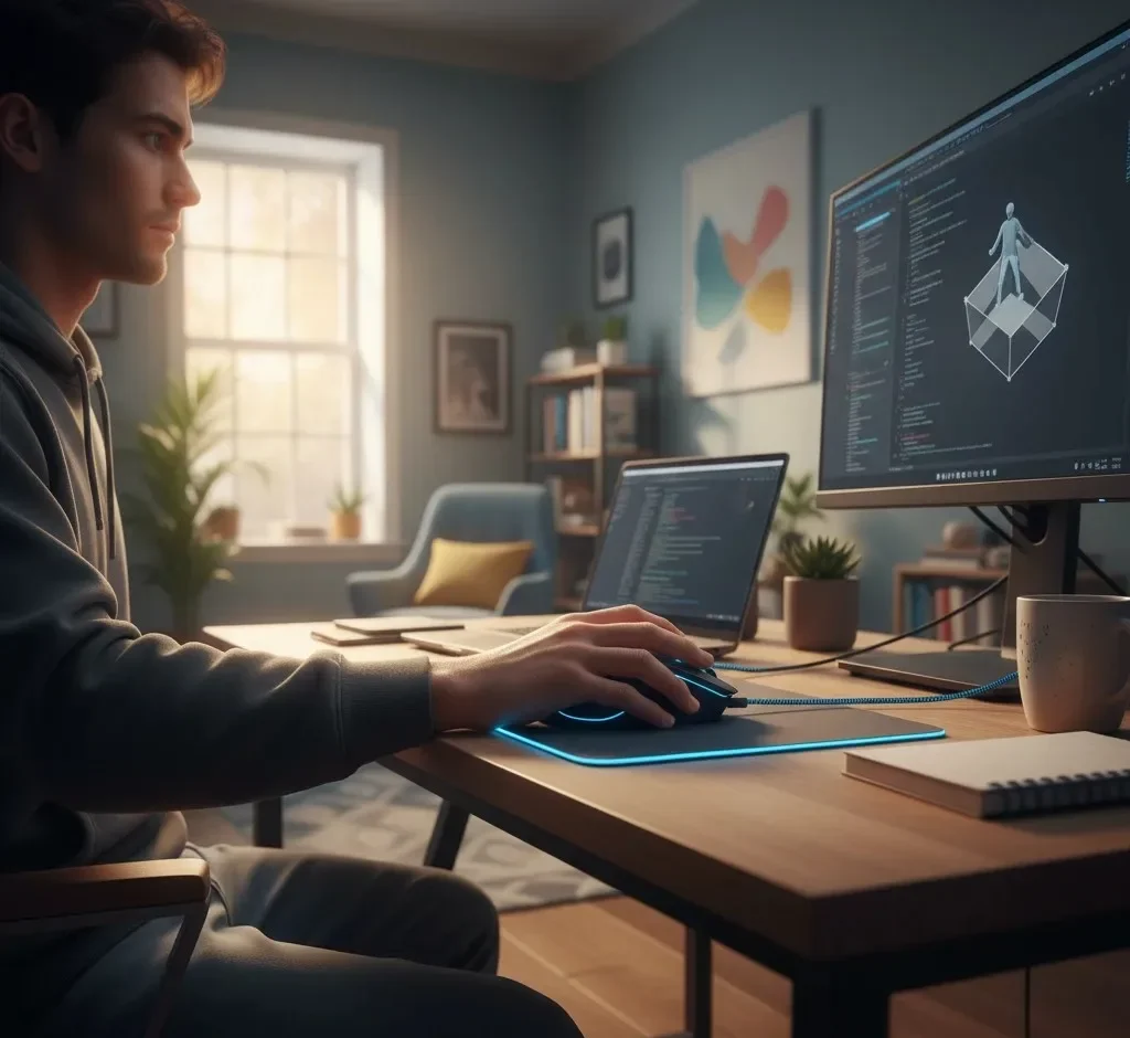 Professional using blue USB mouse and wired mouse on desk with dual monitor setup for 3D modeling work in modern home office