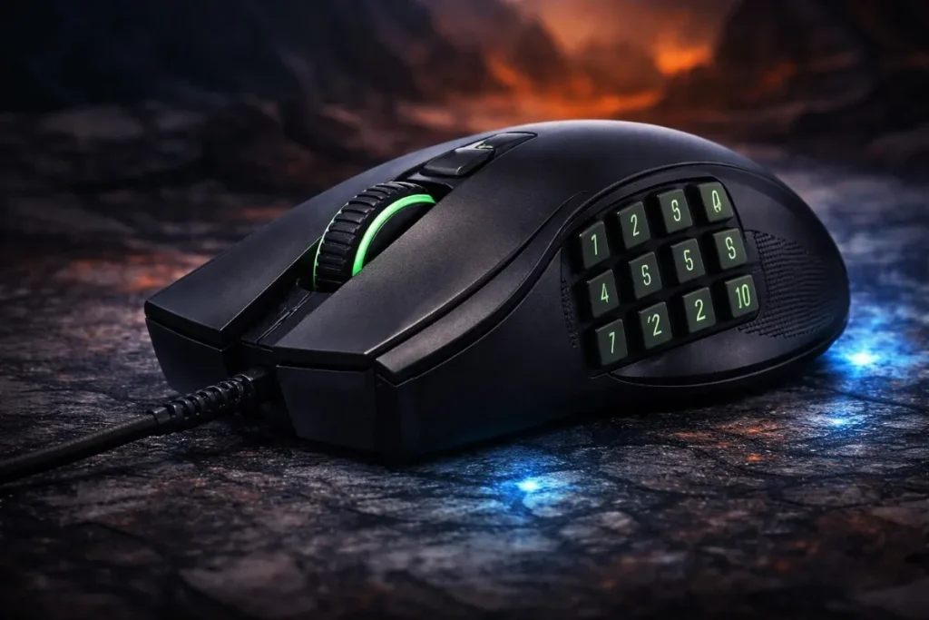 Close-up of a black wired MMO mouse featuring a 12-button green-backlit side panel and a green-lit scroll wheel, resting on a dark stone surface with blue ambient lighting.