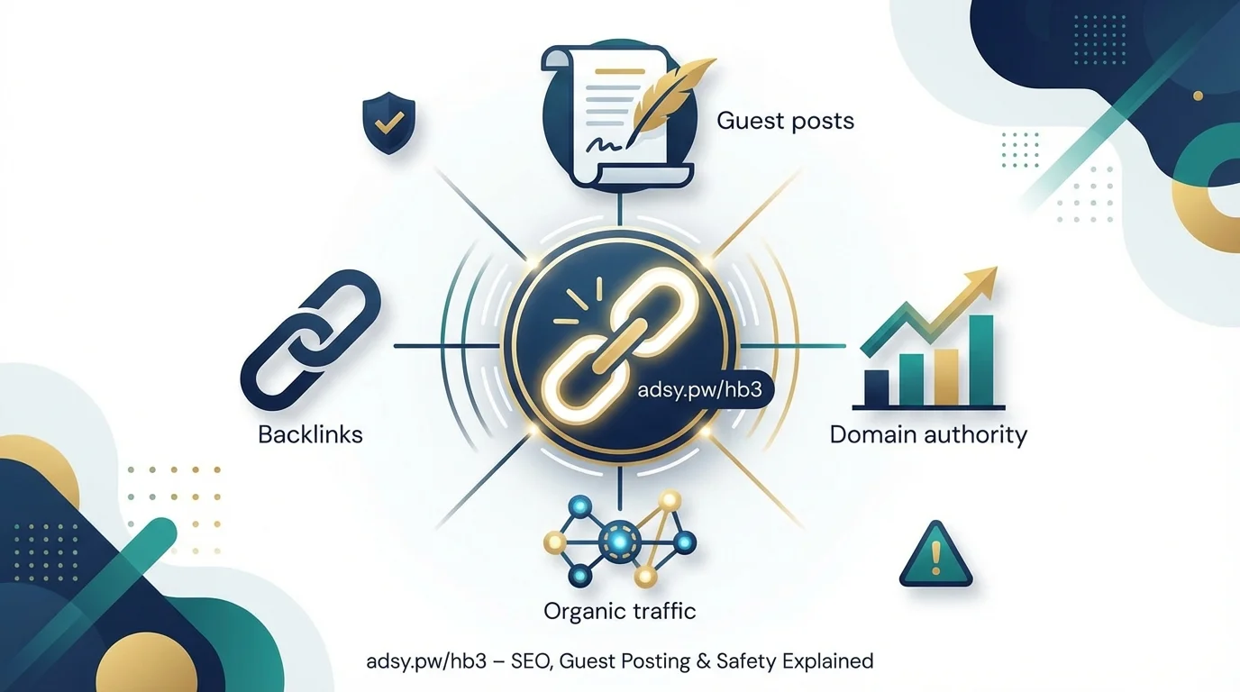 adsy.pw/hb3 central link icon diagram connecting four SEO elements: guest posts, backlinks, domain authority growth chart, and organic traffic network, with a safety warning icon on a clean white background