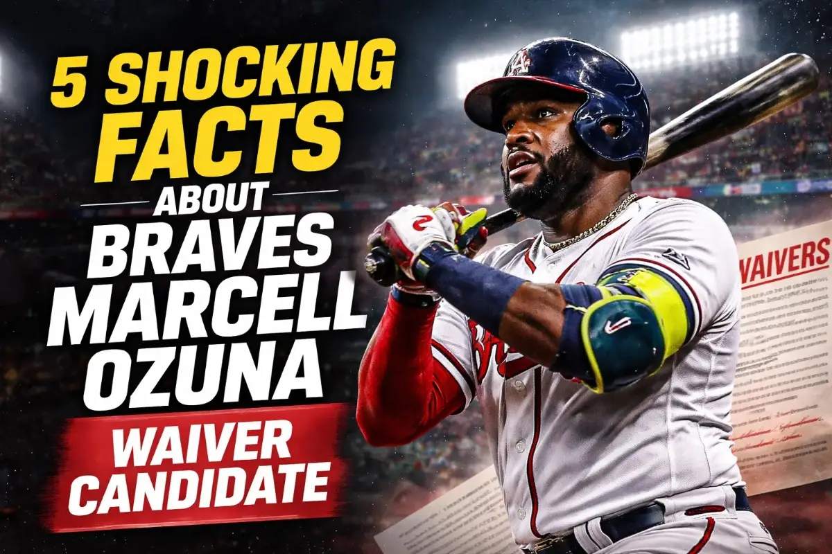 Braves Marcell Ozuna waiver candidate promotional image showing Ozuna in Atlanta Braves uniform at bat in a packed stadium with waiver documents in the background