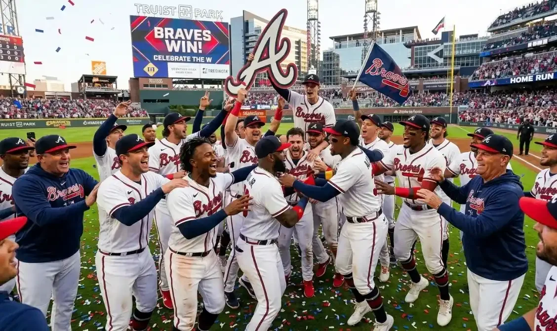Atlanta Braves players celebrate a victory at Truist Park with confetti and a "Braves Win!" scoreboard, as the team faces roster decisions including the Marcell Ozuna waiver candidate situation.