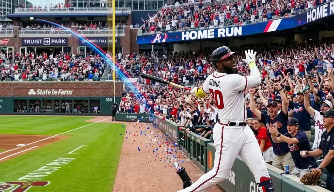 Braves Marcell Ozuna waiver candidate hitting a home run at Truist Park with fans celebrating and the Home Run scoreboard lit up behind him 