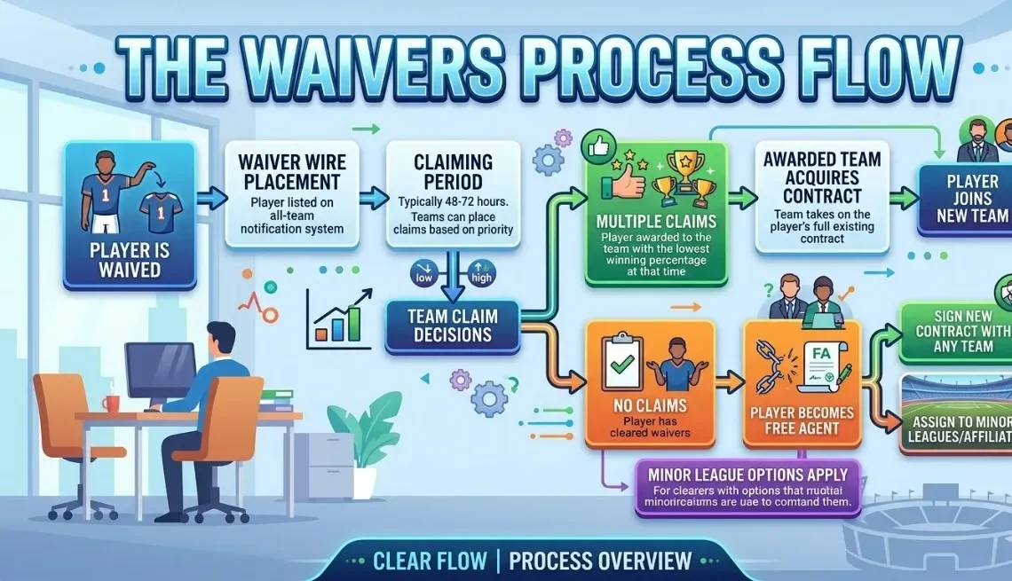 Infographic explaining the MLB waivers process flow — from player placement and claiming period to team decisions, free agency, or minor league assignment — relevant to Braves' Marcell Ozuna waiver candidate situation. 