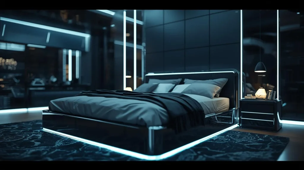 Futuristisk jernseng med innebygd LED-belysning og mørk minimalistisk ramme i et luksuriøst, teknologiinspirert soverom med neonlys