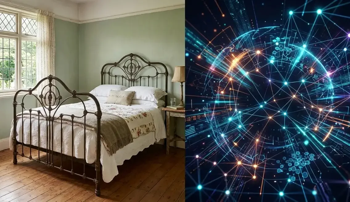 Jernsenger med ornamentert hodegjerde i et rustikt soverom ved siden av en digital globeillustrasjon som symboliserer moderne jernseng-shopping online