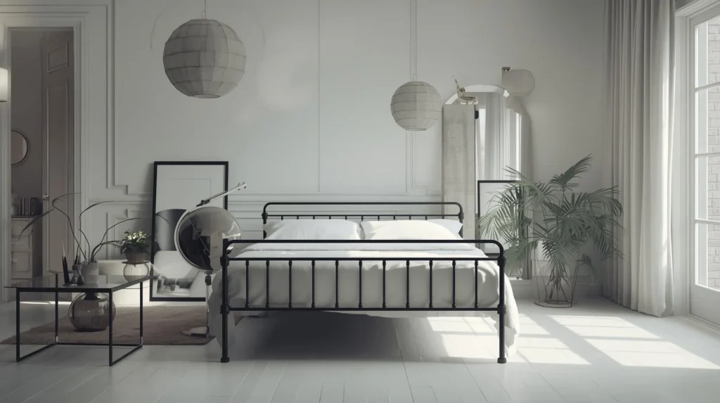 Moderne jernsenger med sort minimalistisk ramme og hvite puter i et lyst, skandinavisk-inspirert soverom med planter og hengelamper