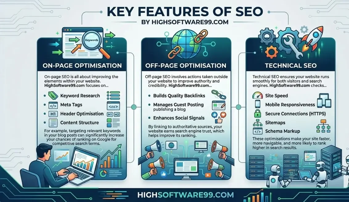 SEO by HighSoftware99.com infographic showing three key features – on-page optimisation covering keyword research, meta tags and content structure; off-page optimisation with backlinks, guest posting and social signals; and technical SEO including site speed, mobile responsiveness, HTTPS, sitemaps and schema markup