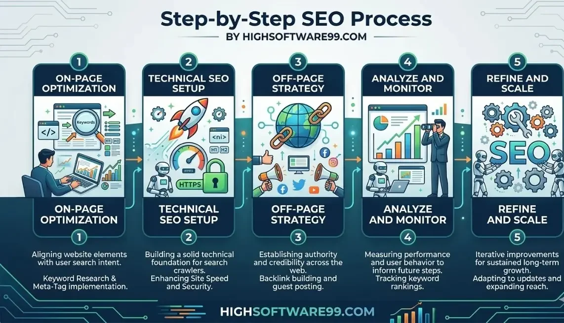 SEO by HighSoftware99.com step-by-step SEO process infographic showing 5 stages – on-page optimization, technical SEO setup, off-page strategy, analyze and monitor, and refine and scale for long-term growth