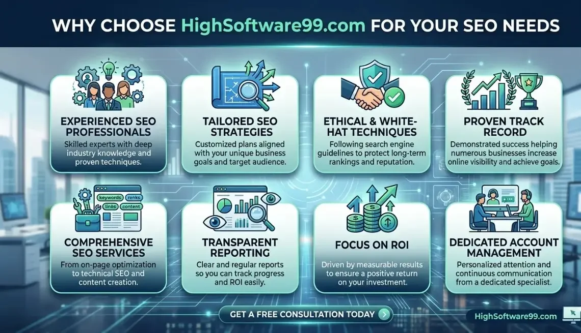 SEO by HighSoftware99.com infographic highlighting 8 reasons to choose their services – experienced SEO professionals, tailored strategies, ethical white-hat techniques, proven track record, comprehensive SEO services, transparent reporting, focus on ROI, and dedicated account management