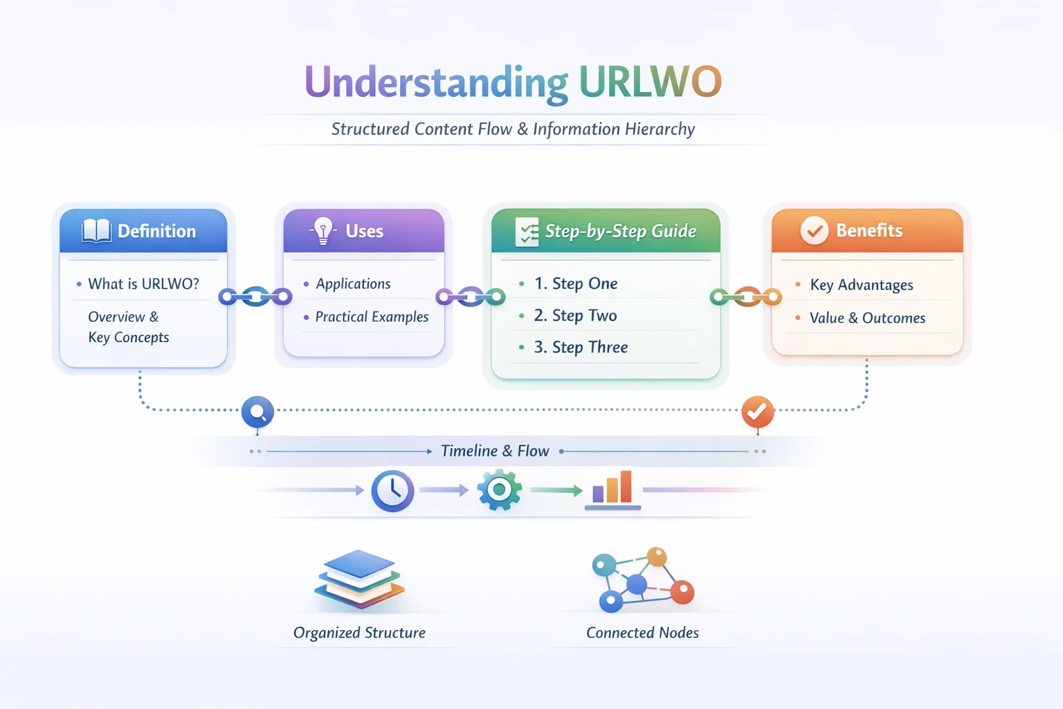 A colorful infographic titled "Understanding URLwo" illustrating a four-stage process: Definition, Uses, Step-by-Step Guide, and Benefits, with a timeline and connected nodes below.