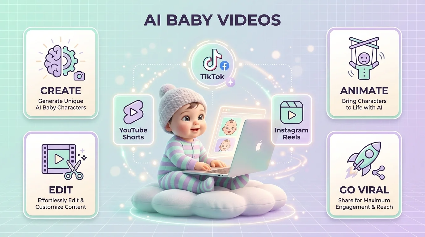 An infographic titled AI Baby Videos featuring a 3D animated baby at a laptop. It outlines a four-step process: Create unique characters, Edit content, Animate characters with AI, and Go Viral on TikTok, YouTube Shorts, and Instagram Reels.