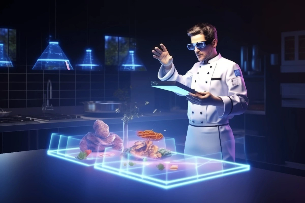 A professional using augmented reality and smart glasses to interact with 3D holographic models, a core technology found in premium ai bathroom design free applications.