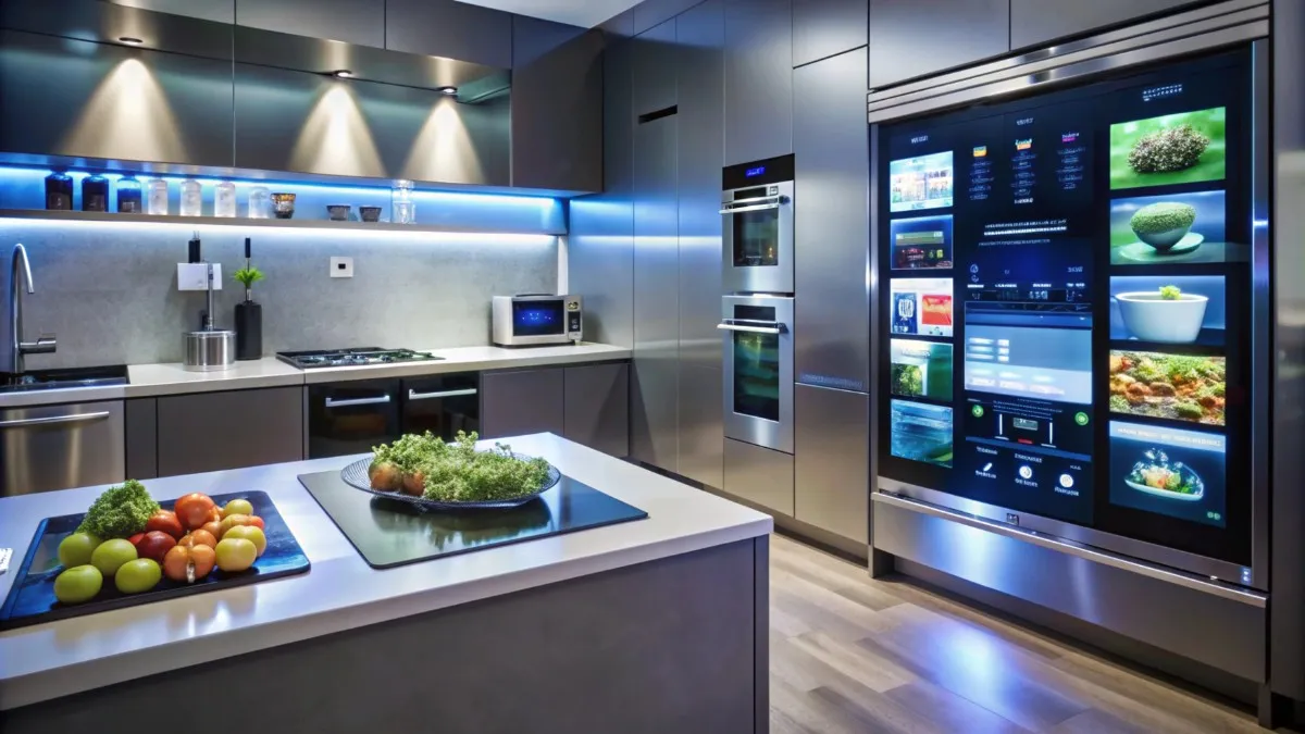 A high-tech stainless steel kitchen with a smart refrigerator featuring a large screen, used as a reference point for planning modern integrated AI bathroom design free options.