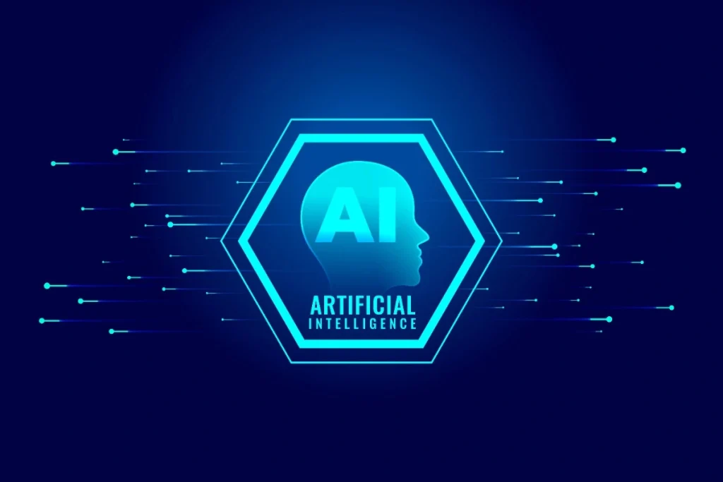 A conceptual graphic representing free AI bathroom design free technology, featuring a glowing blue hexagonal icon with a human profile and the text "AI Artificial Intelligence" on a dark digital background.