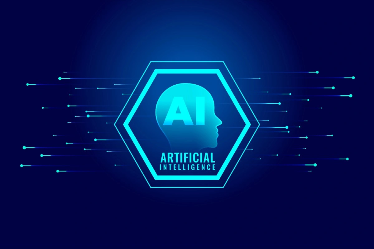 A conceptual graphic representing free AI bathroom design free technology, featuring a glowing blue hexagonal icon with a human profile and the text "AI Artificial Intelligence" on a dark digital background.
