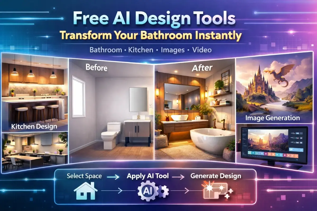 Infographic showing free ai bathroom design free and kitchen remodeling, featuring a before-and-after bathroom transformation and a three-step process: Select Space, Apply AI Tool, and Generate Design.