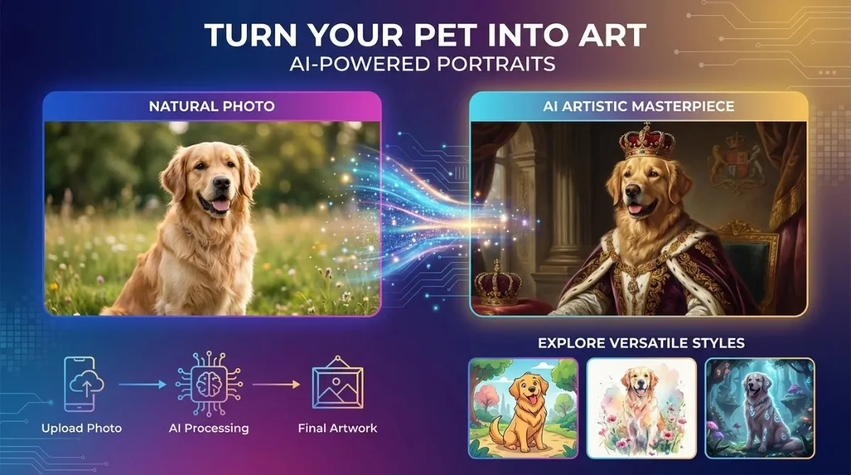 A comparison showing a natural photo of a Golden Retriever transformed into a royal masterpiece using an AI pet portrait generator, with additional style examples in cartoon, watercolor, and fantasy.