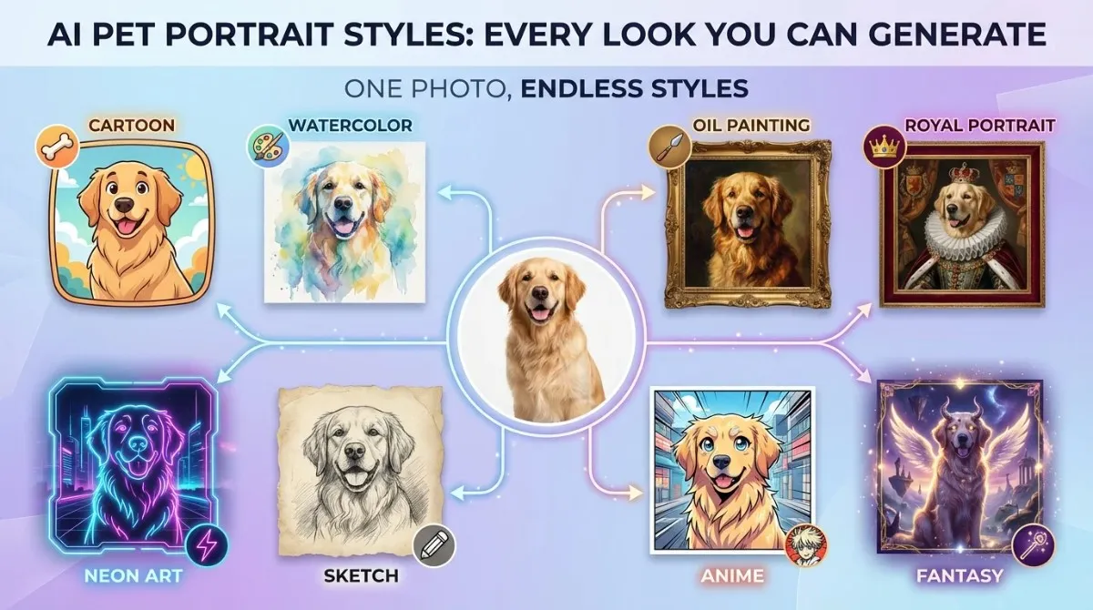 A visual menu of AI-generated pet portrait styles featuring a Golden Retriever in Cartoon, Watercolor, Oil Painting, Royal Portrait, Neon Art, Sketch, Anime, and Fantasy styles.