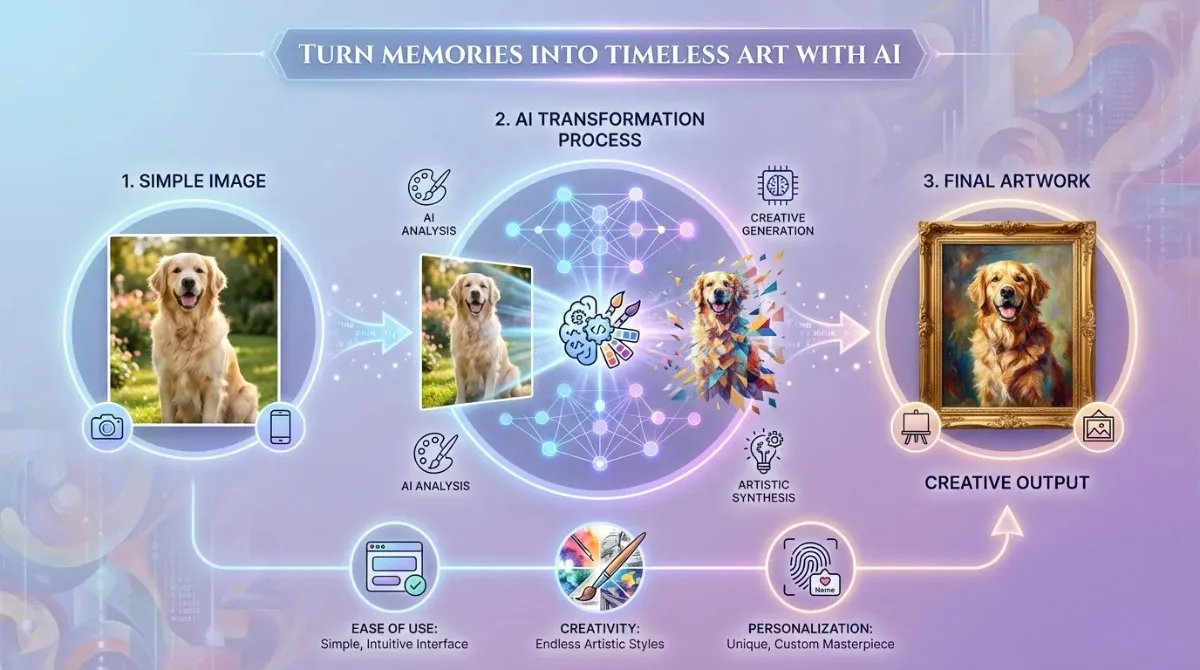A detailed infographic showing the 3-step AI transformation process: starting with a simple pet image, moving through AI analysis and artistic synthesis, and ending with a high-quality framed digital masterpiece.