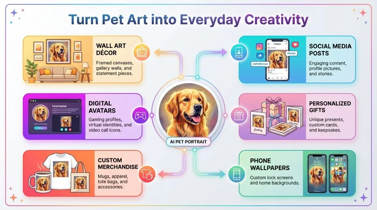An infographic showcasing various uses for an AI-generated dog portrait, including wall art décor, social media posts, digital avatars, personalized gifts, custom merchandise like mugs and t-shirts, and phone wallpapers.