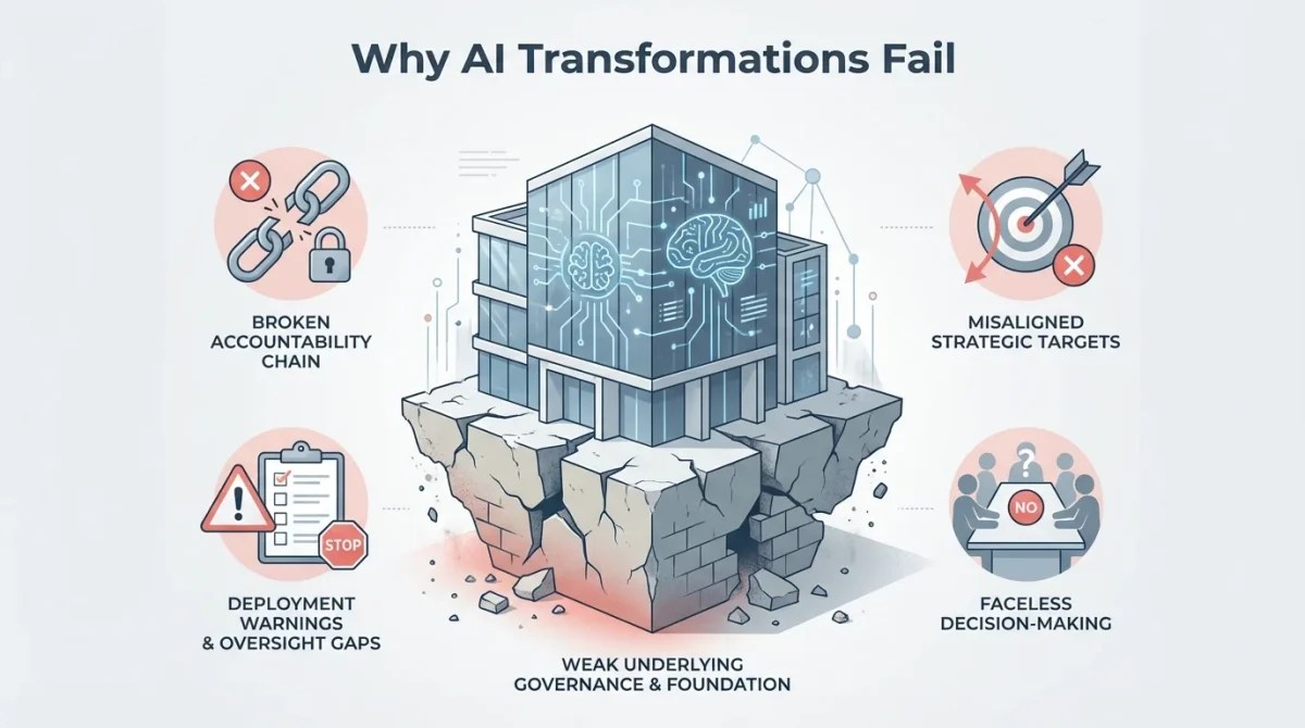 An infographic titled Why AI Transformation Is a Problem of Governance, illustrating a modern building on a cracked foundation to show that AI transformation is a problem of governance, accountability, and strategic alignment.