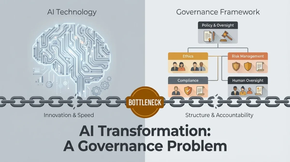 An infographic titled AI Transformation Is a Problem of Governance: A Governance Problem, illustrating the bottleneck between rapid AI technology innovation and the necessary governance frameworks including ethics, risk management, and compliance.