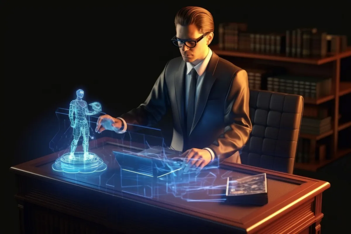 A professional man in a suit wearing smart glasses and working at a high-tech desk with a blue holographic human figure and data interfaces in AI transformation is a problem of governance