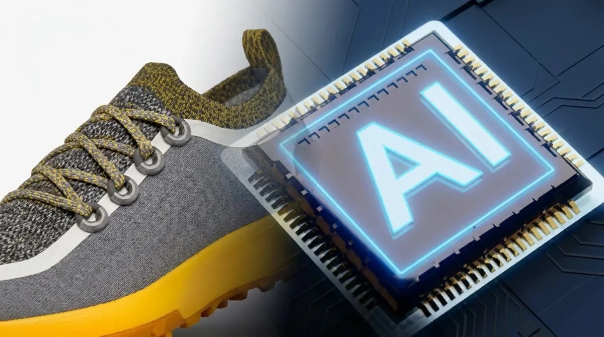 A close-up of a grey knit Allbirds Tree Runner with a yellow sole, juxtaposed with a glowing Blue "AI" processor chip, symbolizing advanced sustainable manufacturing.