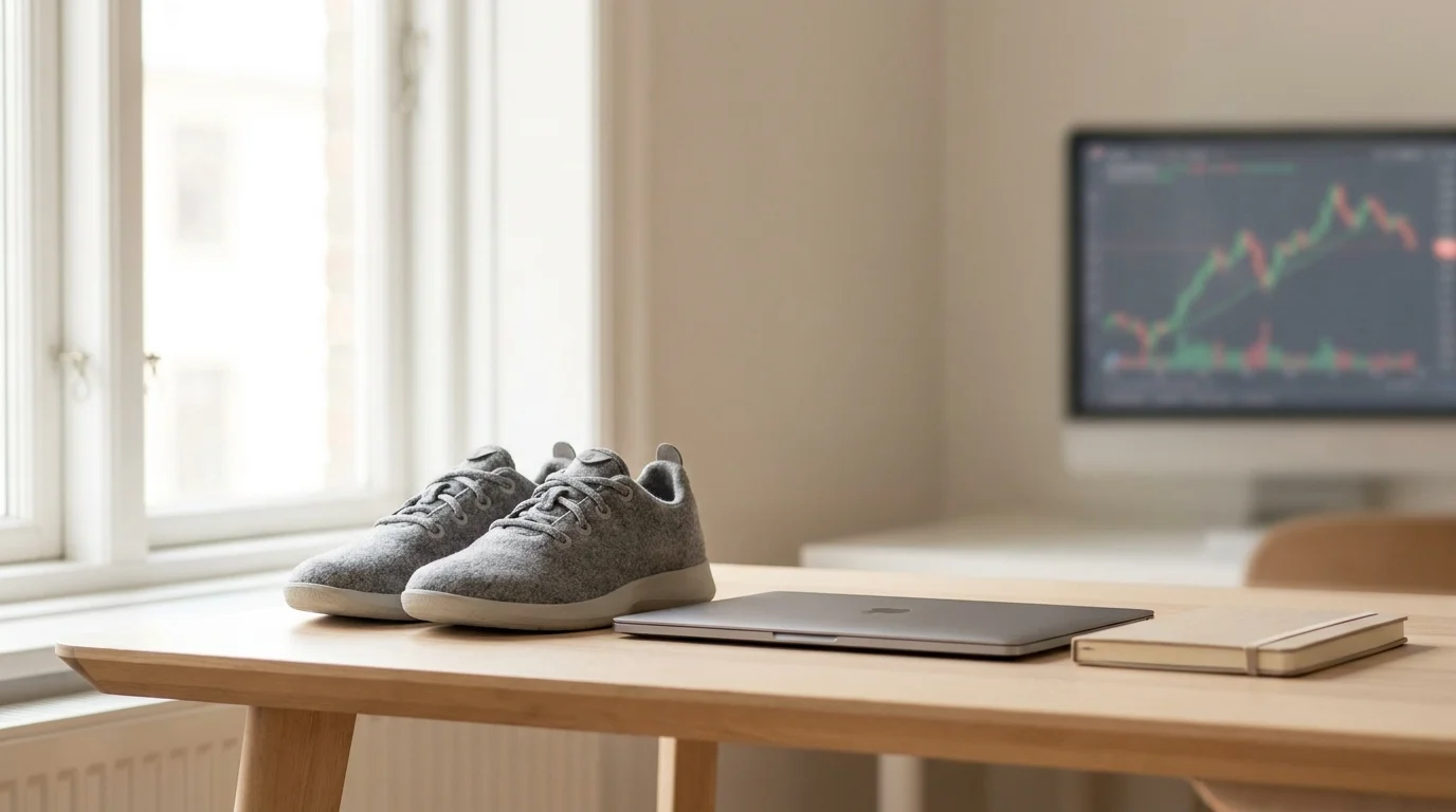 A pair of grey Allbirds Wool Runners on a wooden desk next to a laptop in a bright, minimalist home office setting.